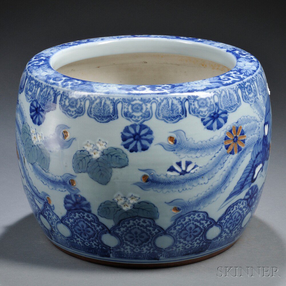 Appraisal: Blue and White Porcelain Hibachi Japan th century round jar