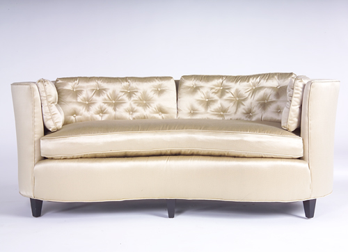 Appraisal: BAKER Curve-back settee upholstered in gold silk with tufted pillows