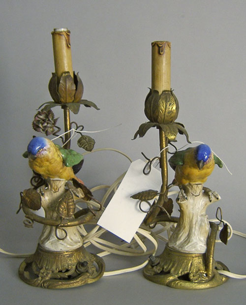 Appraisal: Pair of French gilt metal table lamps with porcelain bird