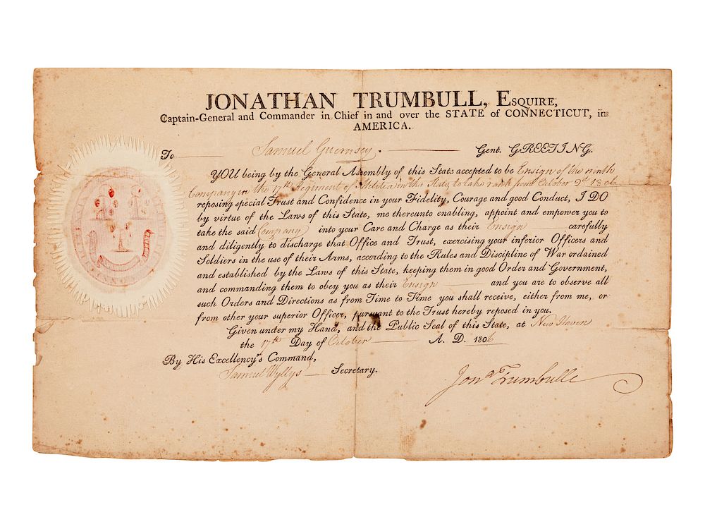 Appraisal: TRUMBULL Jonathan - Governor of Connecticut Partially printed document accomplished