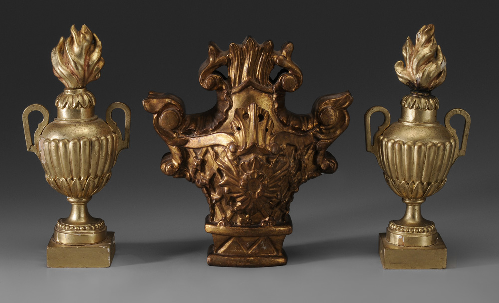 Appraisal: Three Gilt Wood Urns early th century pair three-quarter urns