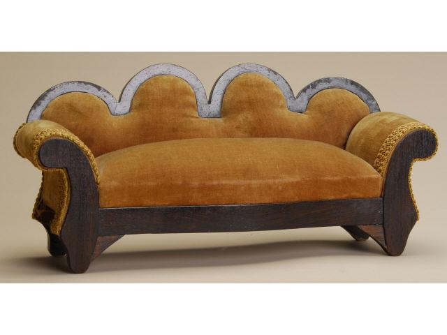 Appraisal: Empire Upholstered Miniature Sofa America ca velvet upholstered mahogany sofa