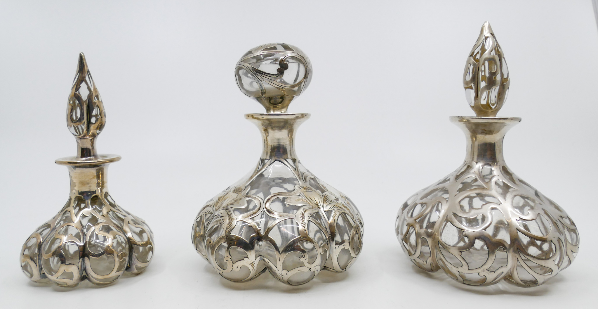 Appraisal: pc Art Nouveau Sterling Overlay Scalloped Perfume Bottles '' to