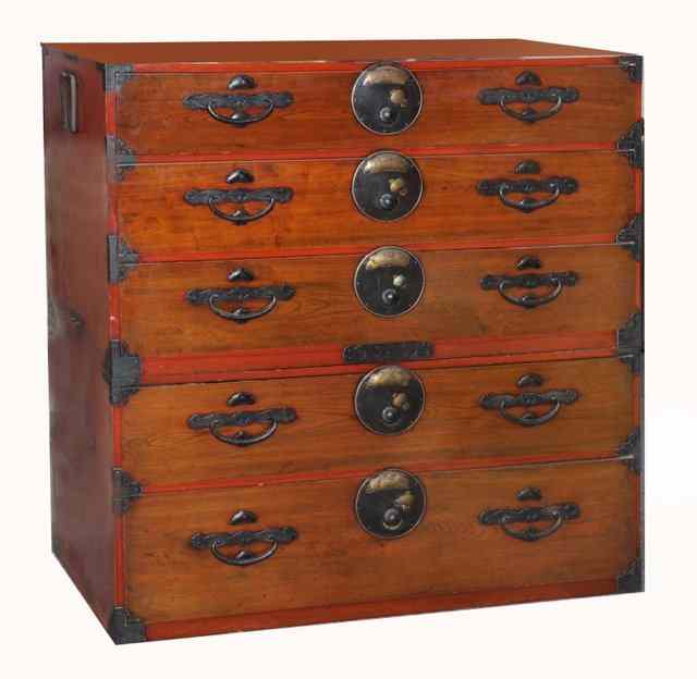 Appraisal: A JAPANESE ELM LARGE CHEST OF FIVE DRAWERS with embossed