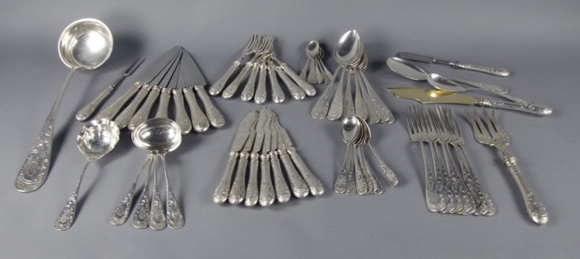 Appraisal: European Silver Dinner ServiceFor seven In Victorian-style pattern Monogrammed Including