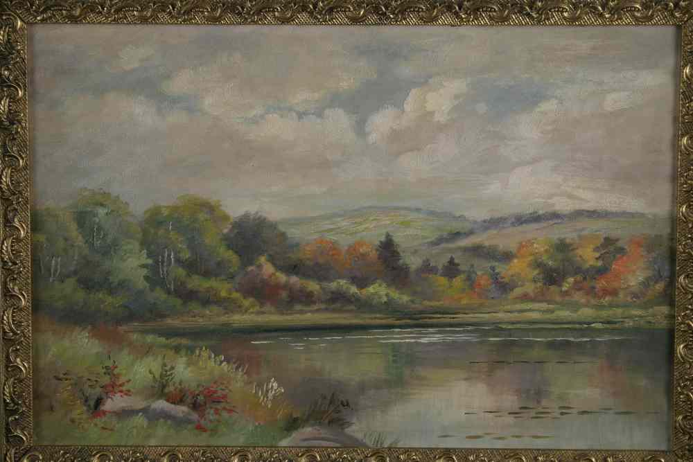 Appraisal: OIL ON ACADEMY BOARD - Unsigned lake scene ca marked