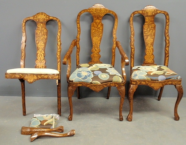 Appraisal: - Three Dutch walnut marquetry inlaid chairs As found Armchair