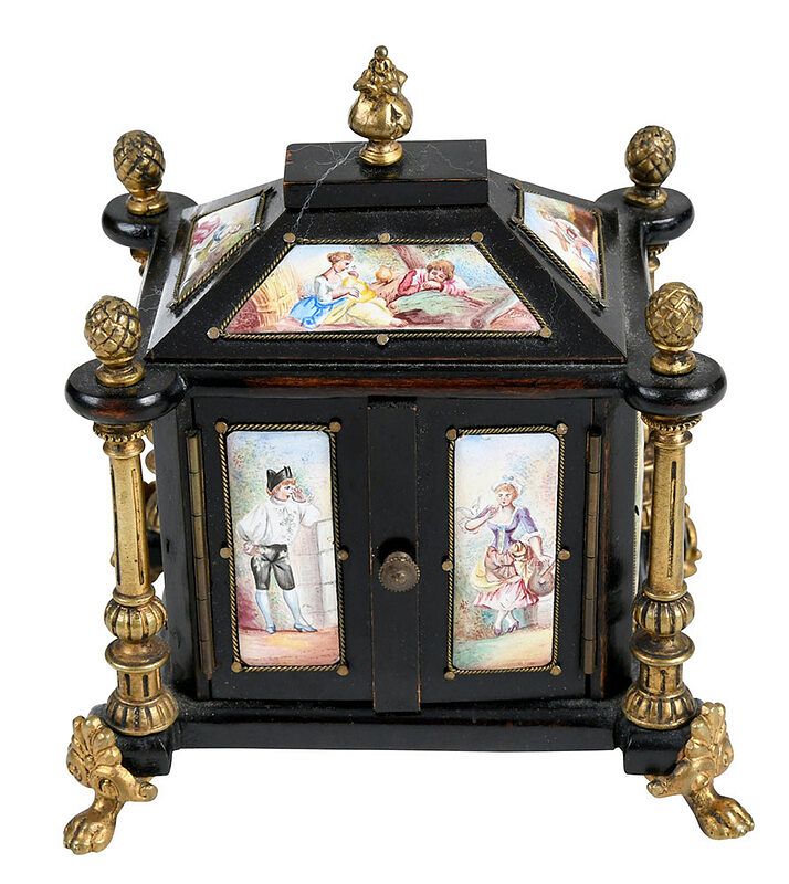 Appraisal: Viennese Ebonized and Enamel Miniature Cabinet late th early th