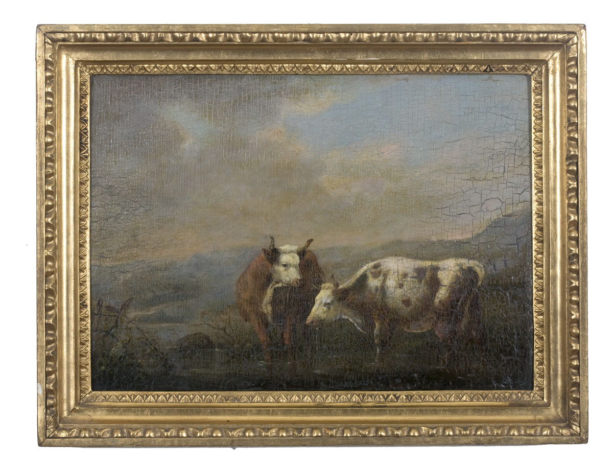 Appraisal: CATTLE WATERING IN A STREAM CONTINENTAL SCHOOL Oil on artist