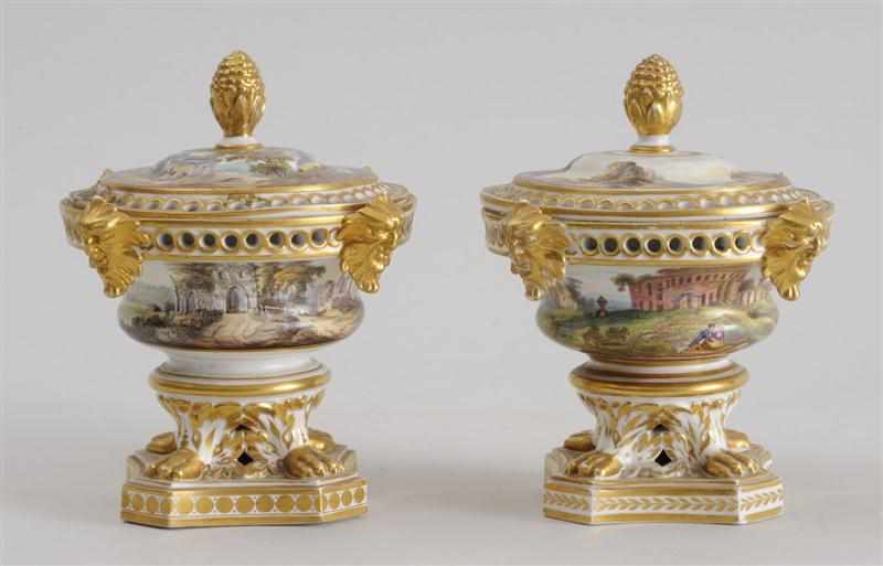 Appraisal: PAIR OF DERBY PORCELAIN POTPOURRIS AND COVERS Iron red crowned