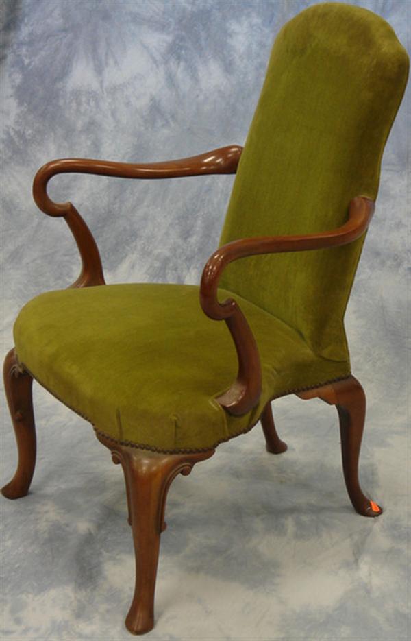 Appraisal: Baker Queen Anne style open armchair Model h green upholstery