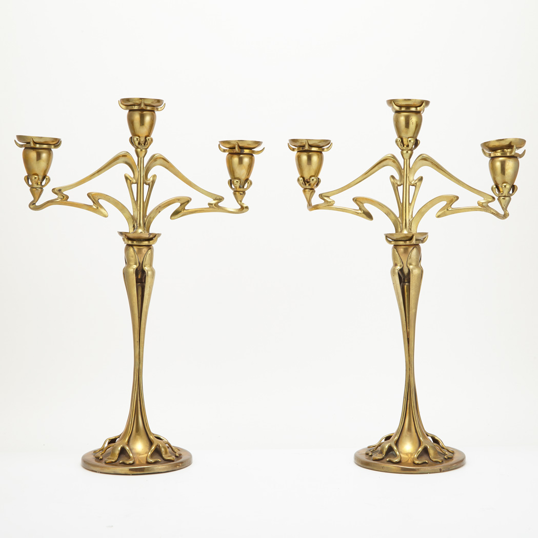 Appraisal: Pair of Art Nouveau Brass Three-Light Candelabra Early th century