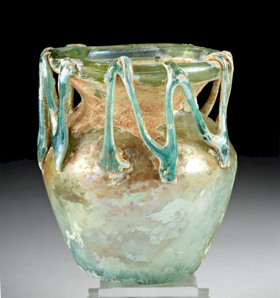 Appraisal: Elegant Roman Glass Vessel w Blue Rigaree Roman Imperial Period