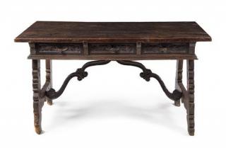 Appraisal: A Spanish Baroque Walnut Trestle Table and Leather Upholstered Walnut