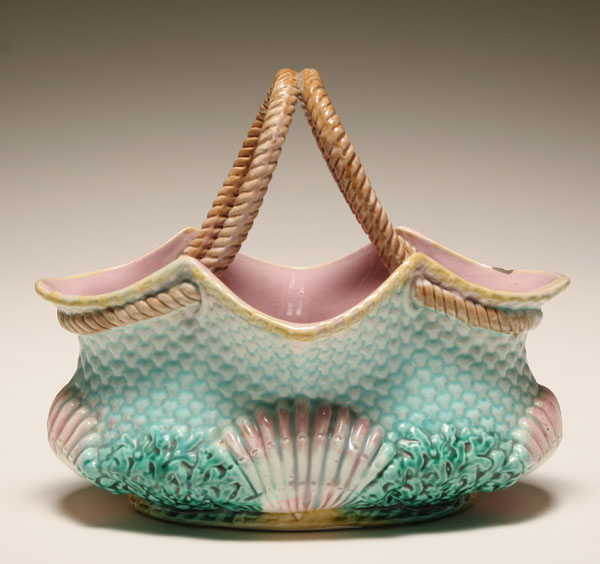 Appraisal: Majolica shell and seaweed design basket with rope handle embossed