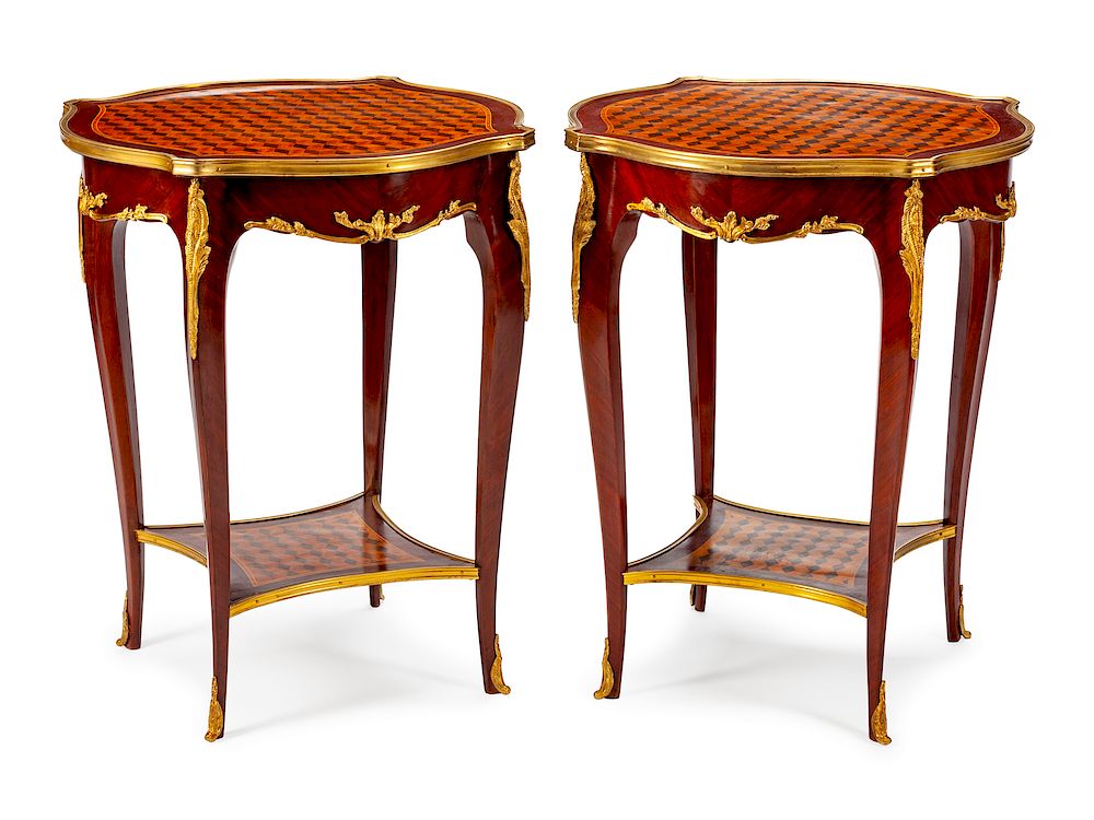 Appraisal: A Pair of Louis XV Style Gilt-Bronze-Mounted Parquetry Gueridons A