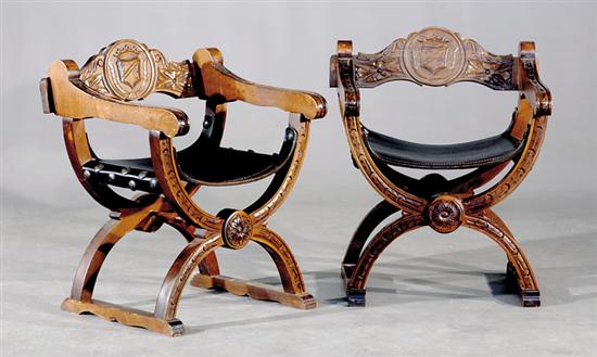 Appraisal: Pair Continental carved oak Savonarola chairs back with medallion between