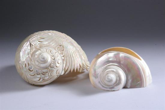 Appraisal: TWO MOTHER-OF-PEARL CONCH SHELLS One carved to depict two phoenix