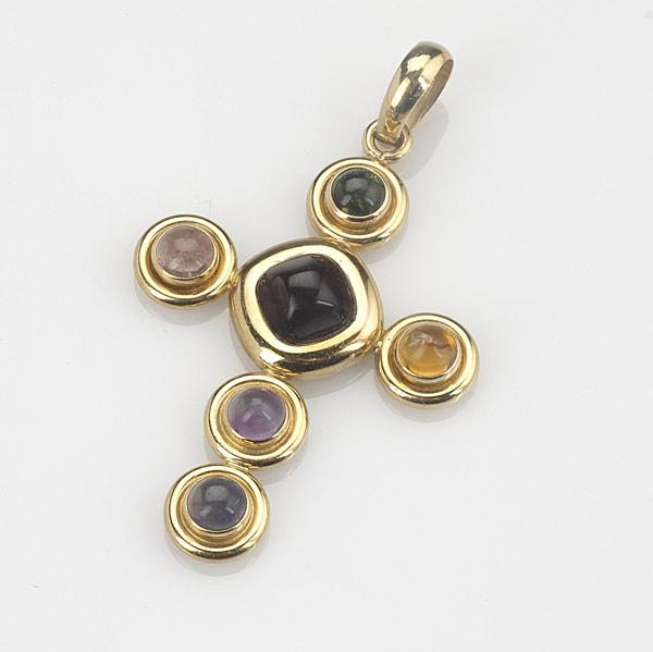 Appraisal: ITALIAN GEM-SET GOLD CROSS k yg by Fope Sleek bezel-set