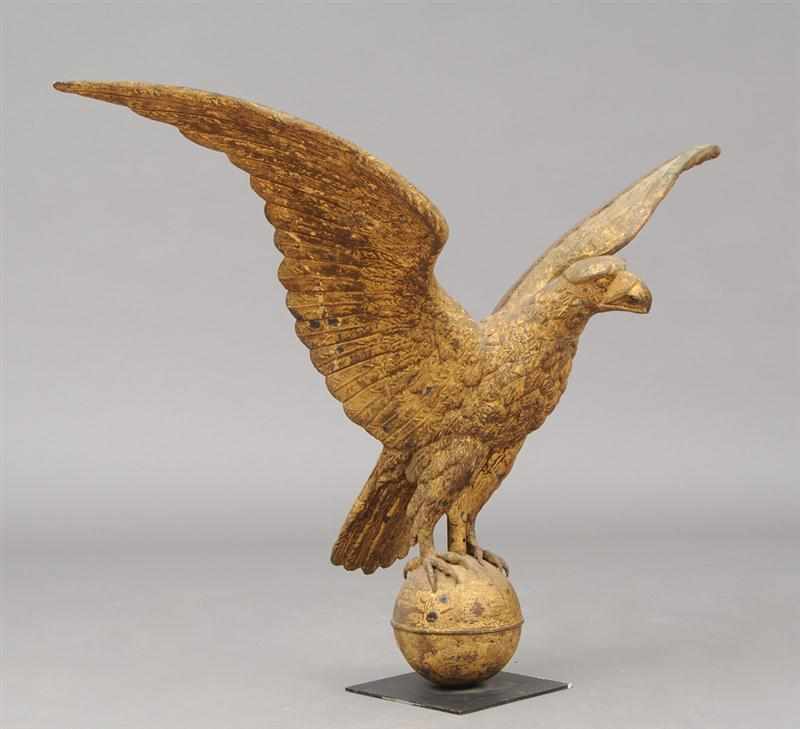 Appraisal: AMERICAN HOLLOW-CAST GILDED-METAL EAGLE WEATHERVANE Modeled with head forward and