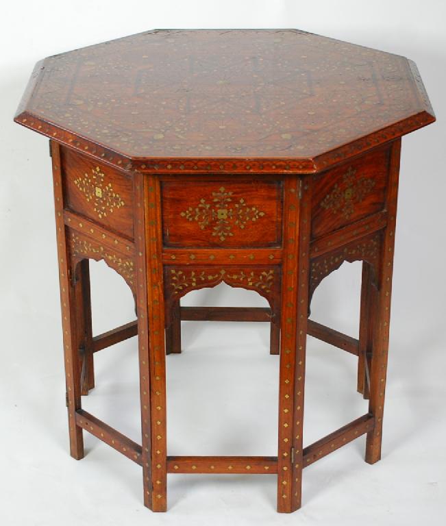 Appraisal: EARLY TWENTIETH CENTURY INDIAN HARDWOOD BRASS INLAID OCTAGONAL TOP TABLE