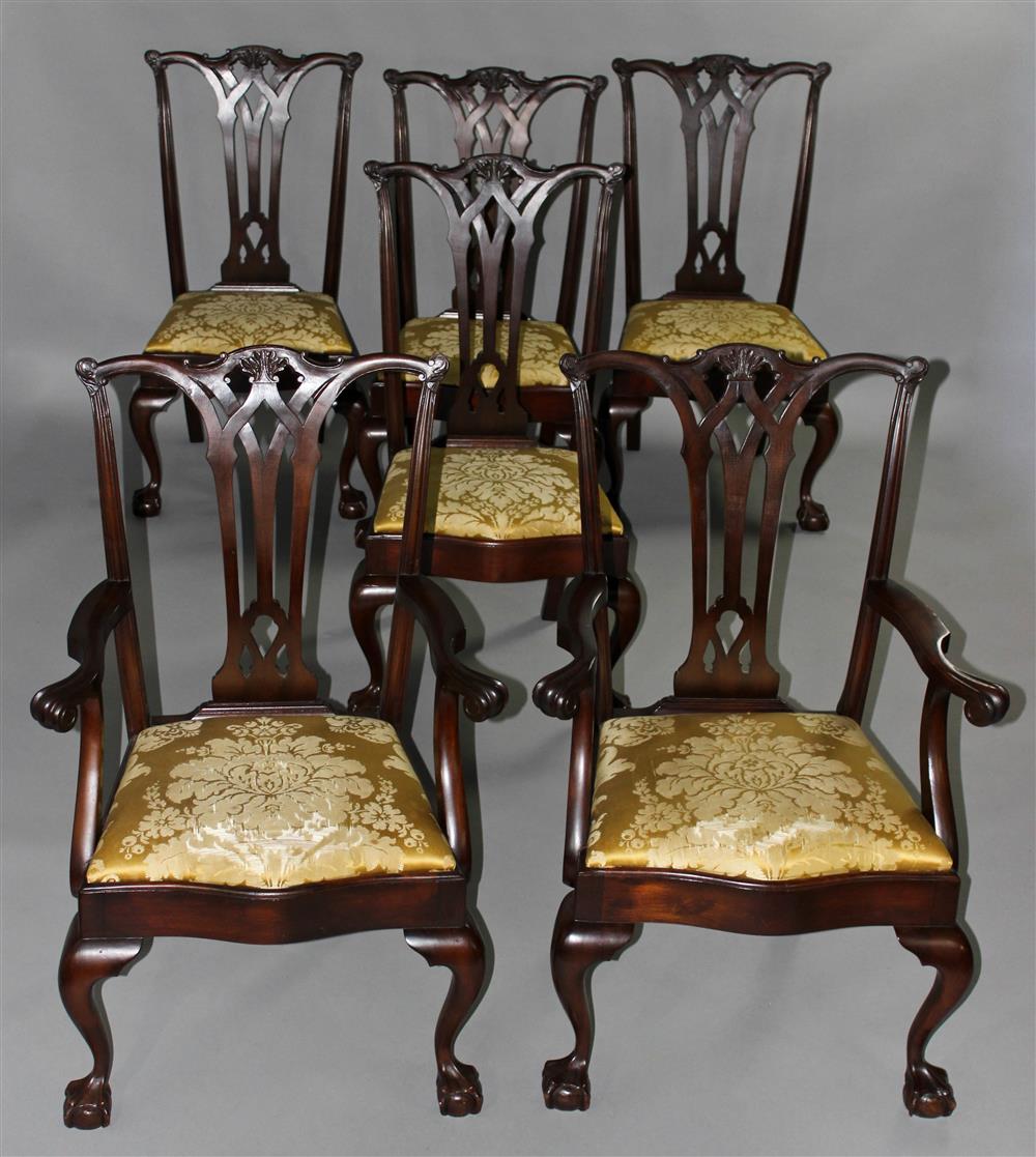 Appraisal: SET OF SIX CHIPPENDALE STYLE CARVED MAHOGANY DINING CHAIRS the