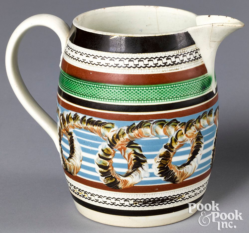 Appraisal: Mocha pitcher with earthworm decoration Mocha pitcher with earthworm decoration