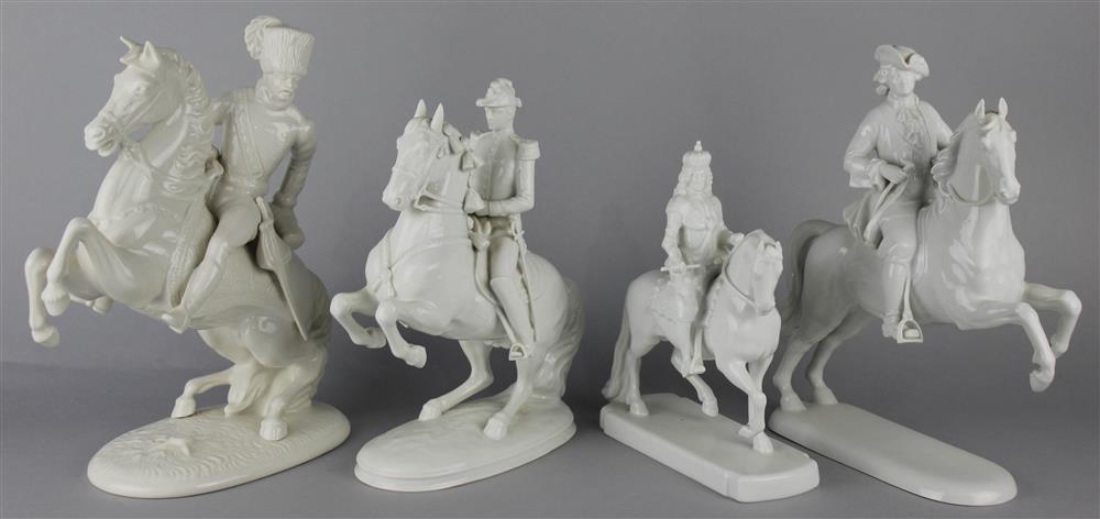 Appraisal: FOUR CONTINENTAL WHITE PORCELAIN EQUESTRIAN GROUPS including a Rosenthal figure