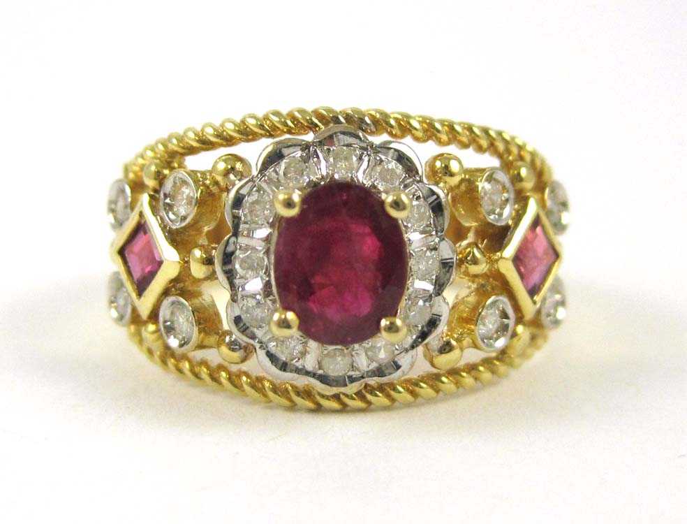 Appraisal: RUBY DIAMOND AND FOURTEEN KARAT GOLD RING The yellow and