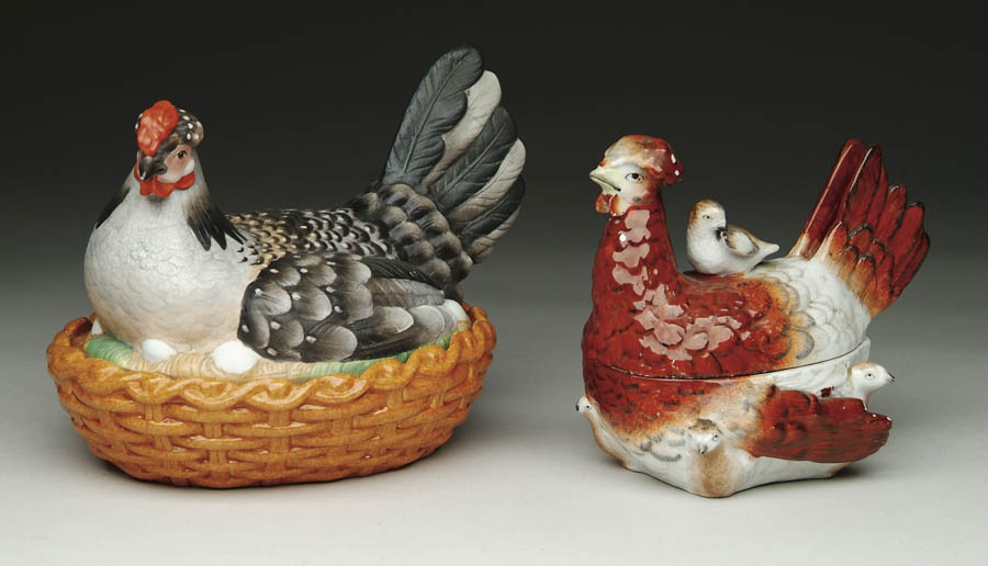 Appraisal: TWO STAFFORDSHIRE HEN ON NESTS - h x l rust