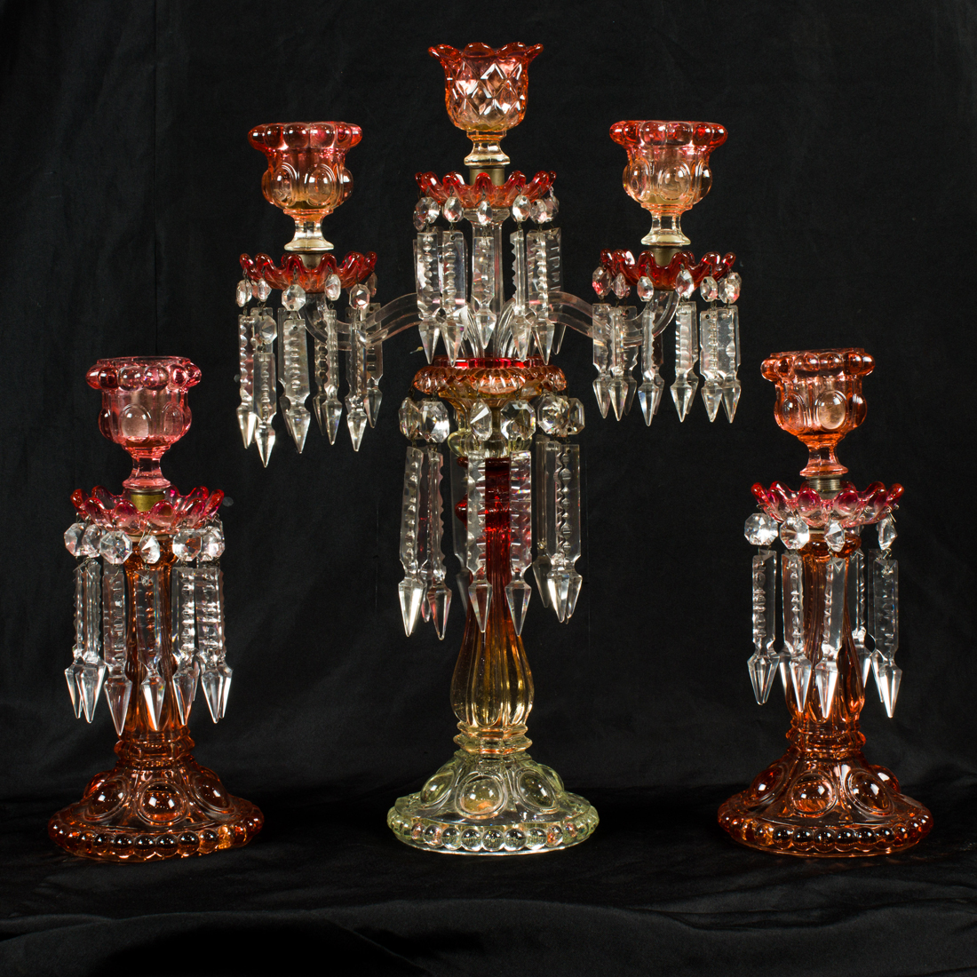 Appraisal: BACCARAT ROSE TIENTE GLASS THREE-LIGHT LUSTER ASSEMBLED CANDLESTICK Lot of