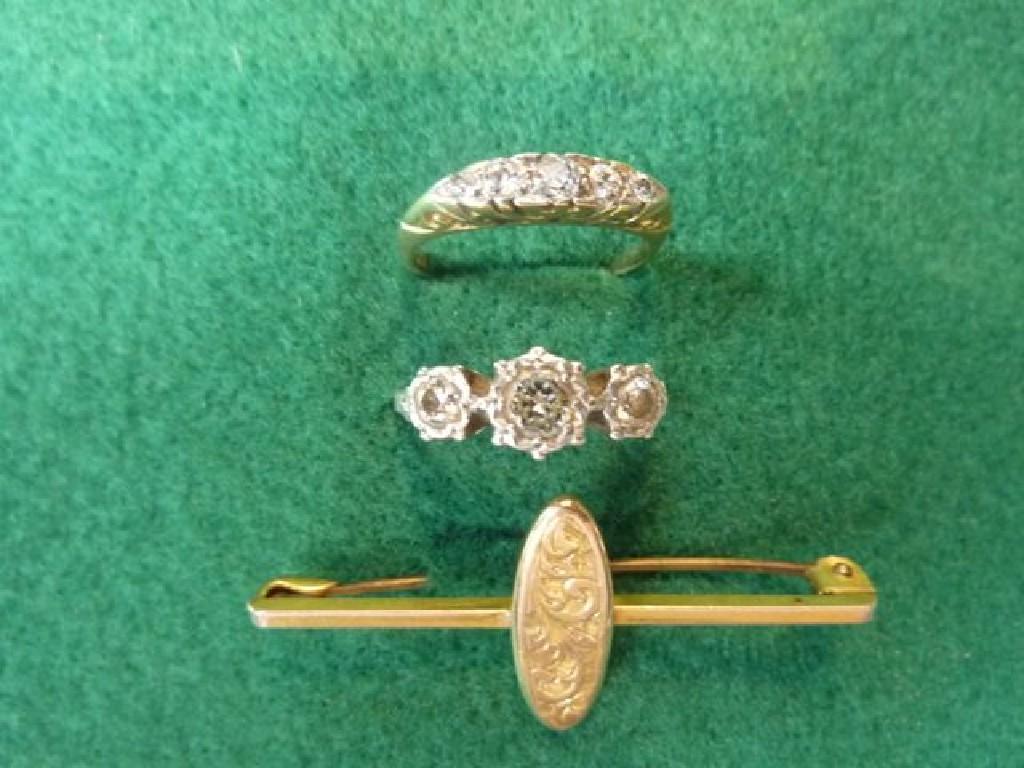 Appraisal: A ct gold bar brooch ct gold and three stone