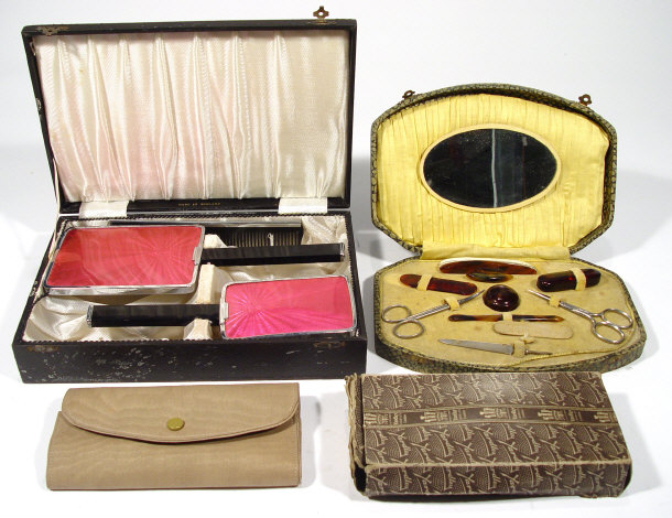 Appraisal: Three s vanity sets comprising an Art Deco brush set