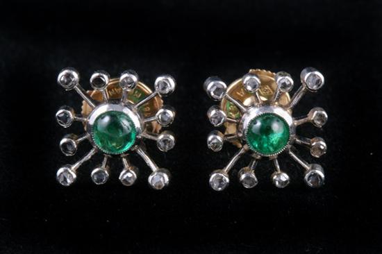 Appraisal: PAIR FRENCH PLATINUM DIAMOND AND EMERALD SQUARE SUNBURST STUD EARRINGS