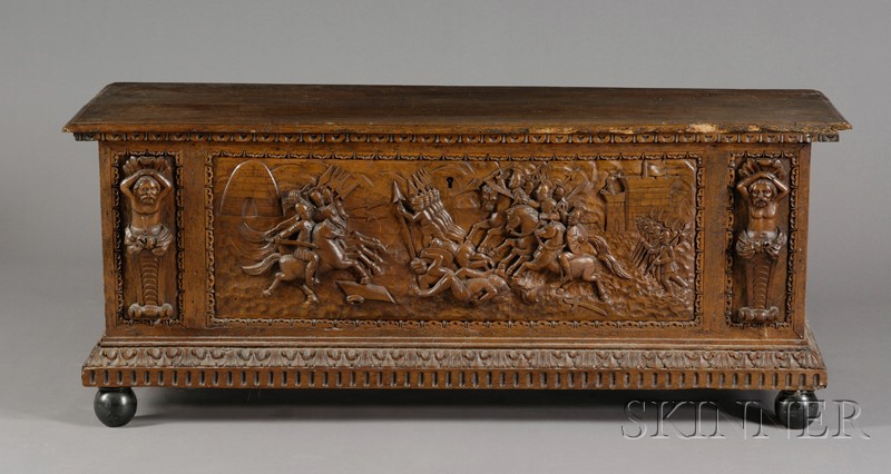 Appraisal: Italian Renaissance-style Carved Walnut Cassone composed of antique elements rectangular