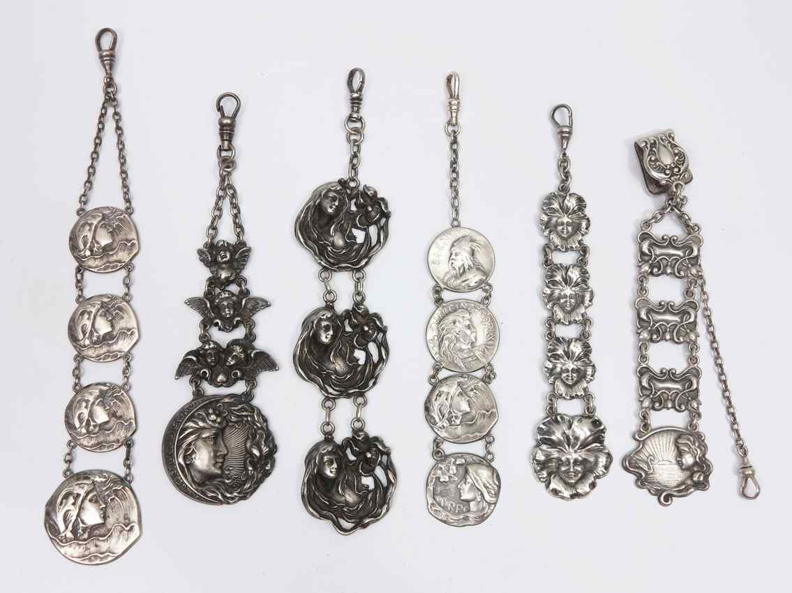 Appraisal: ART NOUVEAU STERLING SILVER WATCH FOBS To include Pieces Classical