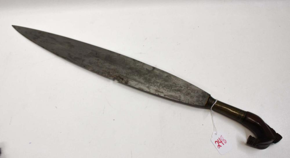 Appraisal: MORO BARONG WITH SHEATH narrow leaf shape blade brass and