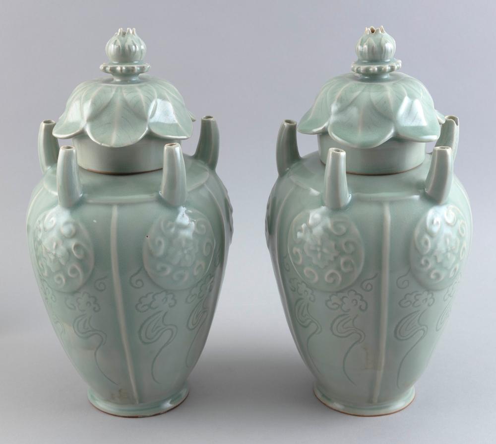 Appraisal: PAIR OF CHINESE LONGQUAN CELADON PORCELAIN FUNERARY JARS SUNG-STYLE HEIGHTS