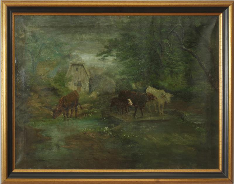 Appraisal: American School Pastoral Scene with Cows Oil on canvas unsigned