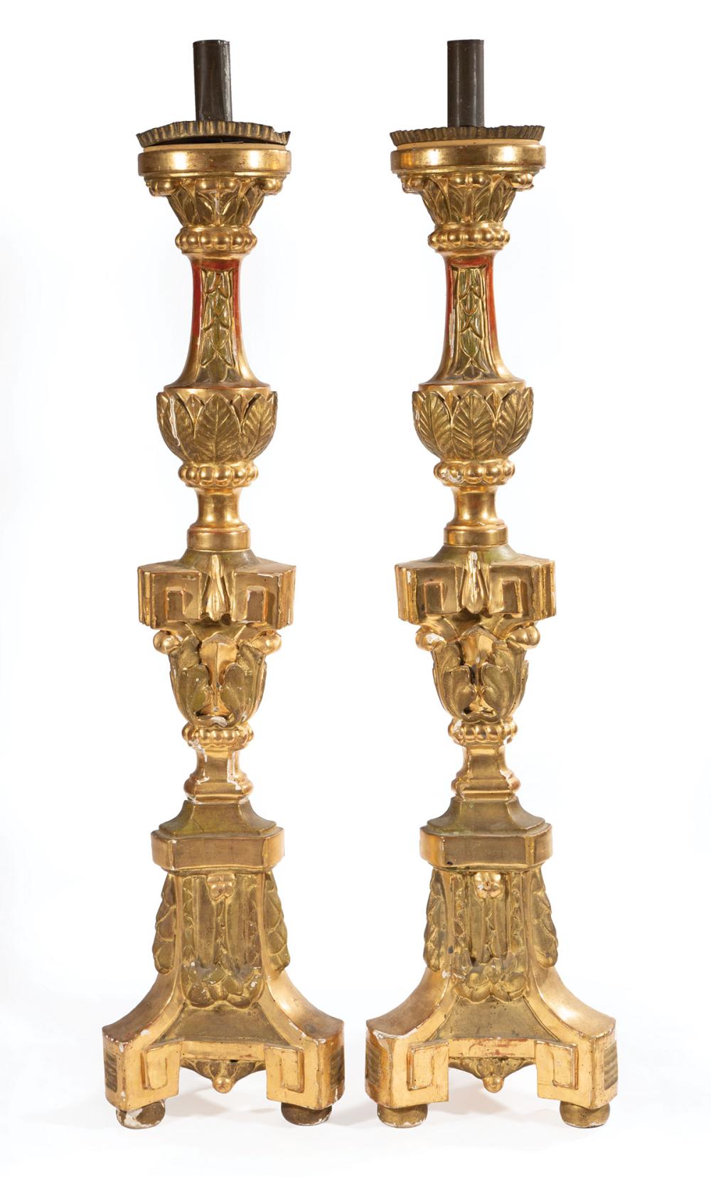 Appraisal: Pair of Large Continental Giltwood Candlesticks th c foliate designs