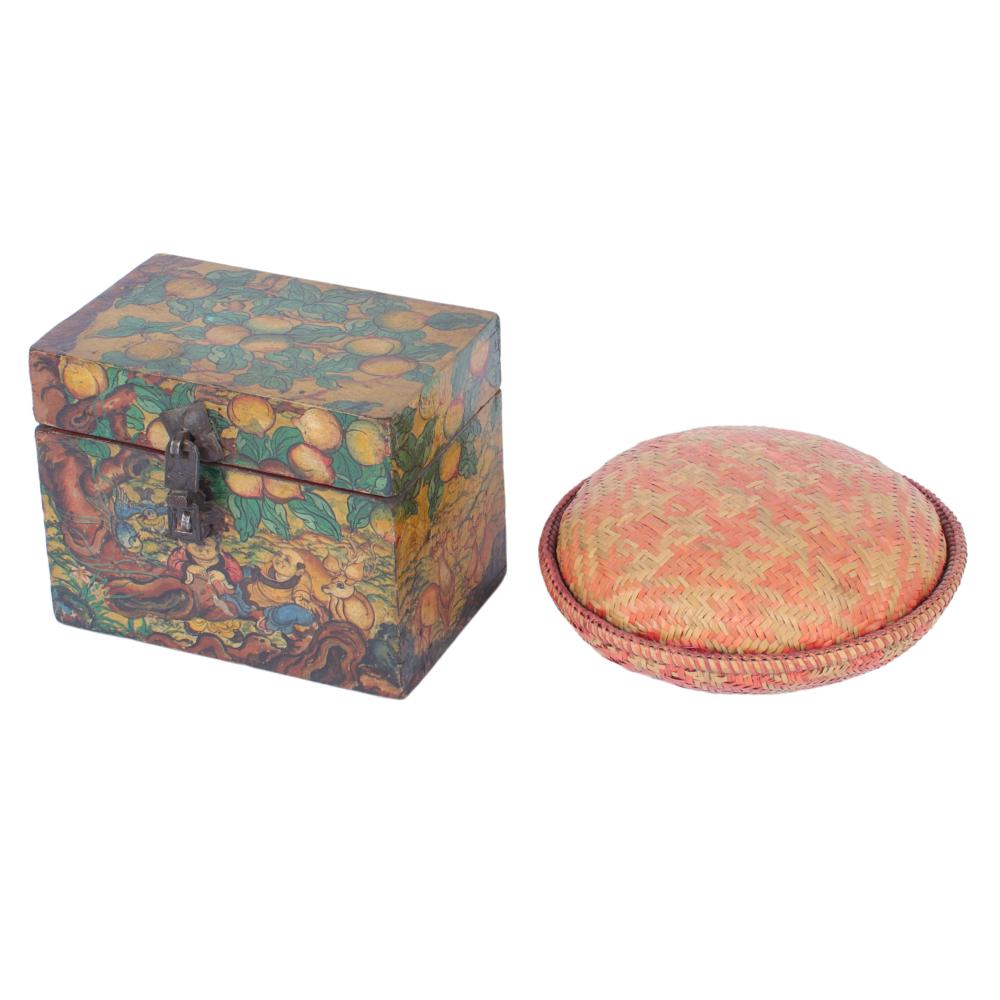 Appraisal: TIBETAN PAINTED WOODEN BOX AND BHUTANESE ROUND WOVEN COLORED BASKET