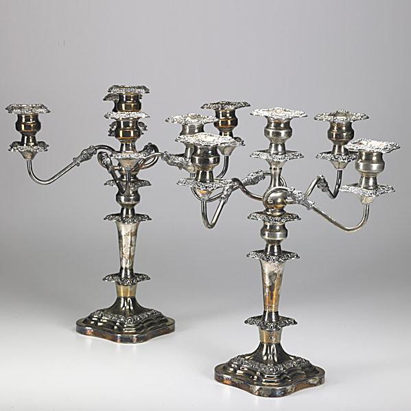 Appraisal: PAIR OF -LIGHT CANDELABRASheffield plate ca Branches removable from vase-form