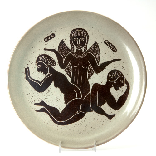 Appraisal: SCHEIER Charger decorated in wax-resist with the Creation of Adam