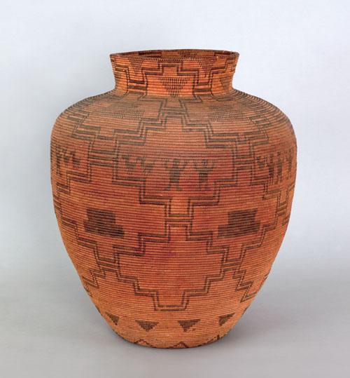 Appraisal: Massive Apache coiled basketry olla ca decorated with human and