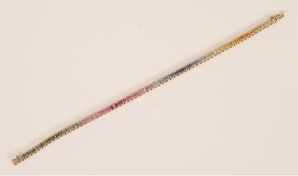 Appraisal: Gold K multi color rainbow sapphire tennis bracelet Stamped Thailand