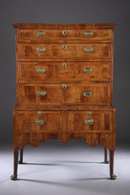 Appraisal: ENGLISH GEORGE I INLAID WALNUT CHEST-ON-STAND Early th century Upper