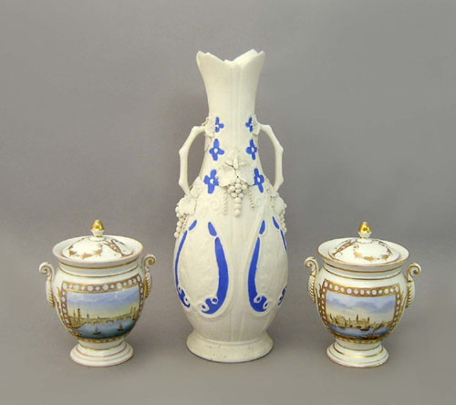 Appraisal: Pair of painted porcelain pots depicting the New London Bridge