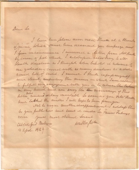 Appraisal: SCOTT SIR WALTER Autograph Letter Signed to Frederick Mansel Reynolds