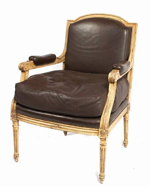 Appraisal: A Louis XVI style leather upholstered fauteuil height in width