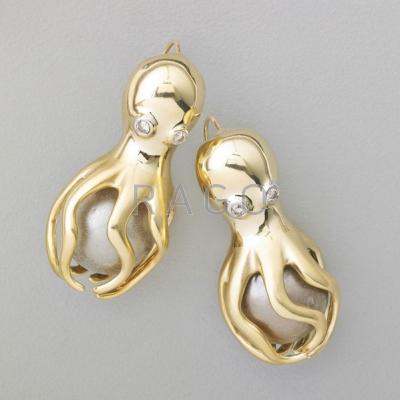 Appraisal: DIAMOND AND TAHITIAN PEARL GOLD OCTOPI EARRINGS Each whimsical octopus